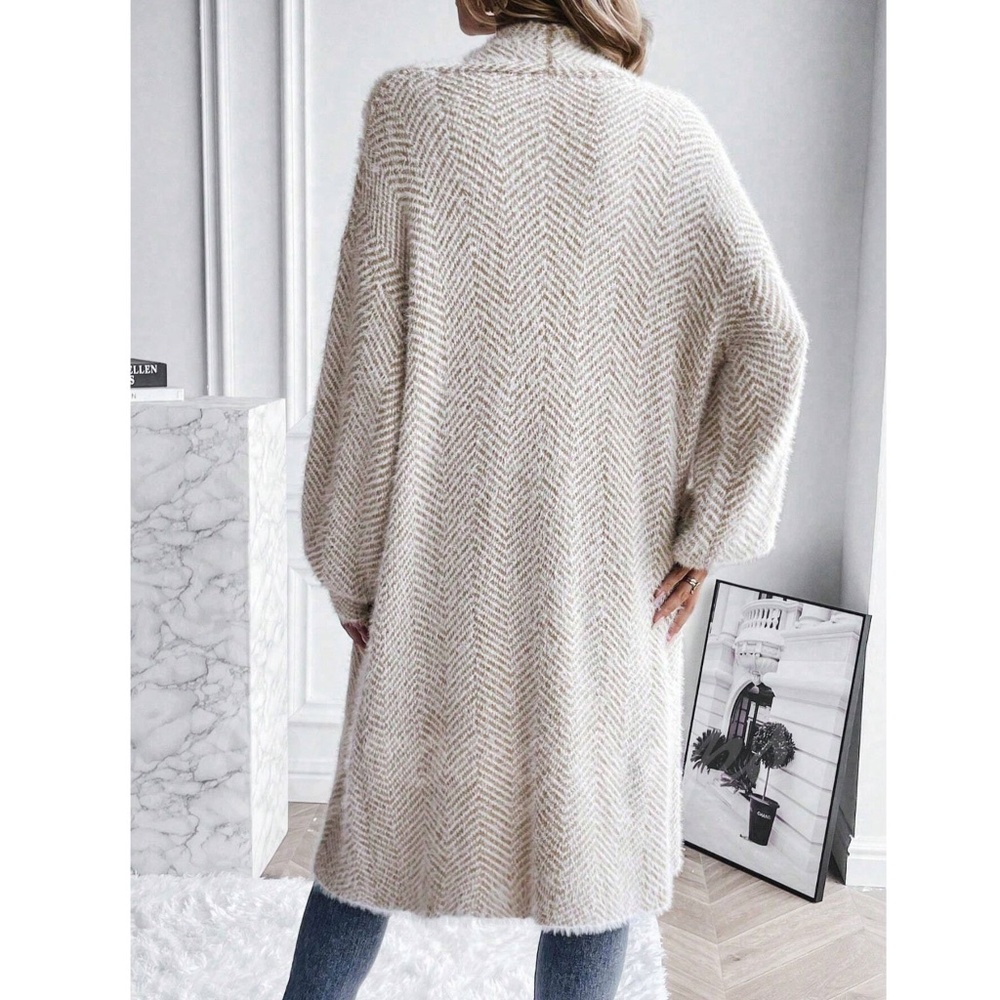 Fuzzy Chevron Beige White Open Cardigan Long Bishop Sleeve Soft - Picture 4 of 10